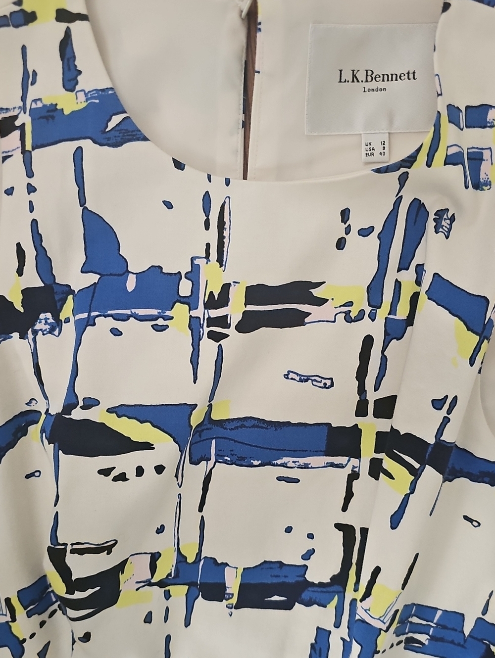 LK Bennett White Midi Dress with Blue, Yellow and Black Abstract Print